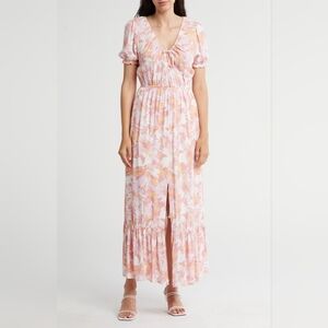 Lovestitch Women's Floral Tiered Short-Sleeve Maxi Dress in Peach/Light Pink